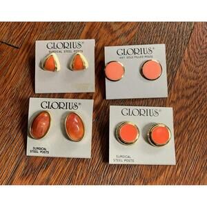 Lot 4 Glorious Vintage Carded Coral Gold Filled Steel Orange Stud Post Earrings